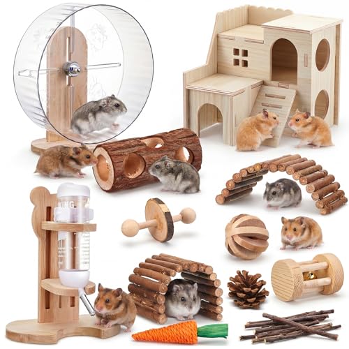 18 Pcs Hamster Cage Accessories, Silent Hamster Wheel 15 Toys Set - style: Natural Log Style