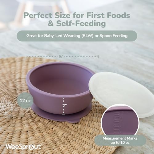 WeeSprout Suction Bowls for Baby & Toddlers (Set of 2) - 100% Silicone w/Plastic Lid - Leak Proof Feeding Supplies - Dishwasher & Microwave Safe Infant Dinnerware w/Extra Strong Base - color: Matte Pink/Purple
