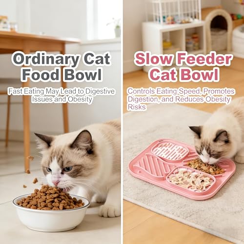 AZY 3-Piece Slow Feeder Cat Bowl Set with Strong Suction Cups - color: pink