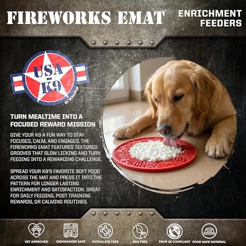 SodaPup USA K9 Fireworks eMat – Durable Enrichment Feeder Lick Mat for Dogs & Cats, Non Toxic Pet Safe Food Safe Material, Made in USA, Slow Feeder for Calming & Digestive Health - color: Red Fireworks Lick Mat