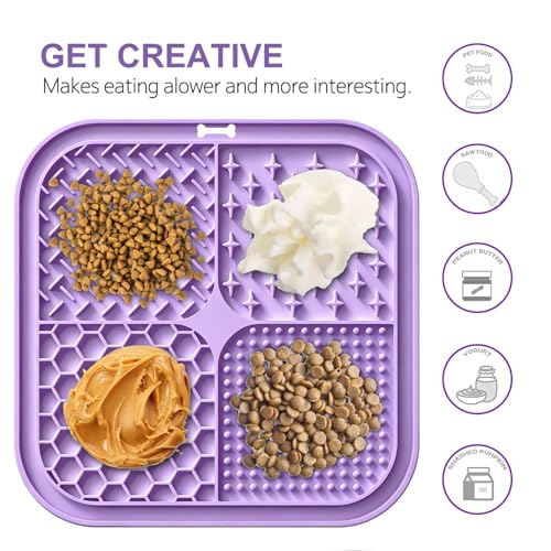 Licking Mat for Dogs & Cats with Suction Cups, 1 Pack Square Dog Slow Feeder Lick Pat for Anxiety Relief & Boredom, Dog Toys to Keep Them Busy, Pets Bathing Training Grooming Mat 7.8 * 7.8inches - color: 1Pack-Purple