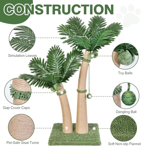 Palm Tree Cat Scratching Post, 36'' Cat Scratcher Post with Natural Sisal Rope, 5 Interactive Balls and 2 Curved Design Scratching Posts for Indoor Cats Adults and Kittens, Multi-Combinable (Style C) - size: Style C