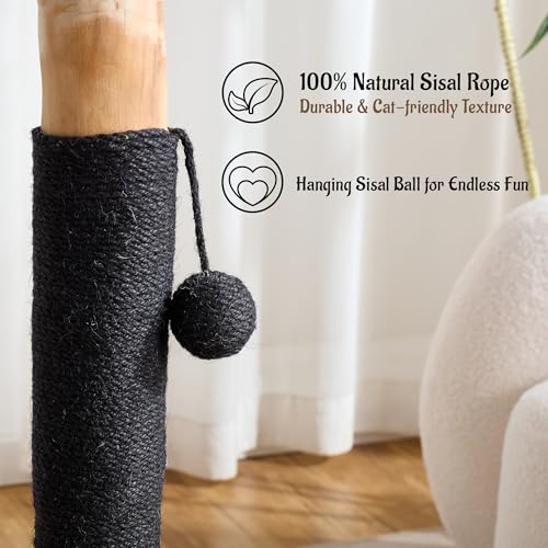 29" Tall Solid Wood Cat Scratching Post for Indoor Cats, Extra Stable Heavy Base, Natural Sisal Scratcher with Hanging Ball, Furniture Protector for Kittens & Adult Cats, Beige - color: Black