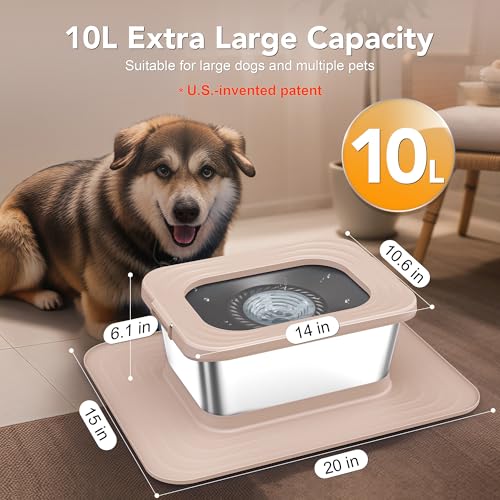 Decflow 10L Stainless Steel Dog Water Bowl, No Spill Anti-Splash Bowls - color: Beige