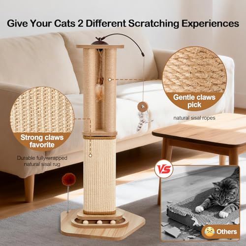 Odoland 34 Inch Cat Scratching Post for Large Cats with 4 Interactive Toys