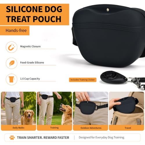 Silicone Dog Treat Pouch with Training Clicker - color: Black, size: 1 PACK