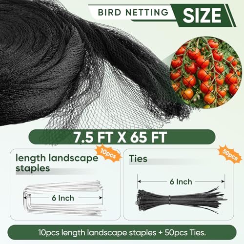 Bird Netting for Garden Protection, 7.5 X 65 FT, Woven Garden Netting Kit - size: 7.5X65 FT