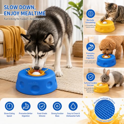 2PCS Slow Feeder Dog Bowl Lick Toy with Rolling Ball & Suction Cup - color: Blue+Yellow