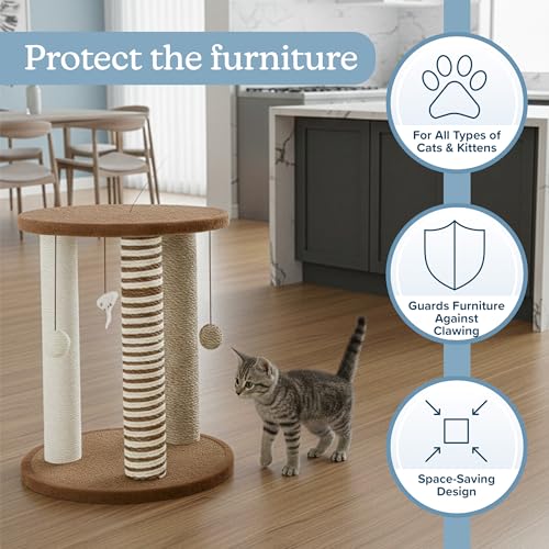 Cat Scratching Post - 3 Scratcher Posts with Carpeted Base Play Area and Perch - Furniture Scratching Deterrent for Indoor Cats by PETMAKER (Brown), Large - color: Brown