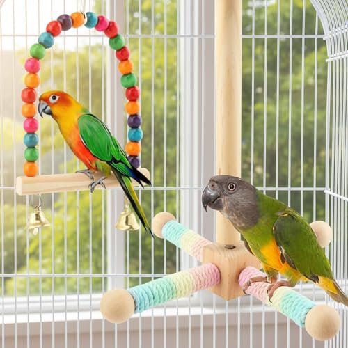 Parrot Interactive Rotating Perch, 360°Silent Free-Spin, Hanging Bird Perch Toy with Poplar Swing for Parrots, Parakeets, Cockatiels, Small to Medium Birds