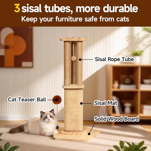 Cat Scratching Post for Indoor Cats,Kitten sisal Scratch Post for Cute Small Medium Adults cat,Rope Scratcher with Ball (27" H)
