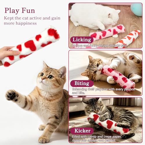 Plush Cat Pillow Toy with Catnip & Crinkle Paper, Interactive Kick Sticks for Cats, Soft Kitten Chew Bite Toys for Teeth Cleaning, Indoor Cat Enrichment Toys (Red Heart Toys 3 Pack) - color: Red Heart Toys 3 Pack