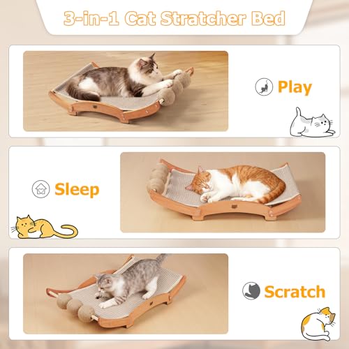 3 in 1 Sisal Cat Scratcher Bed, Solid Pine Cat Scratcher with Balls (Wood) - color: Wood, size: Extra Large