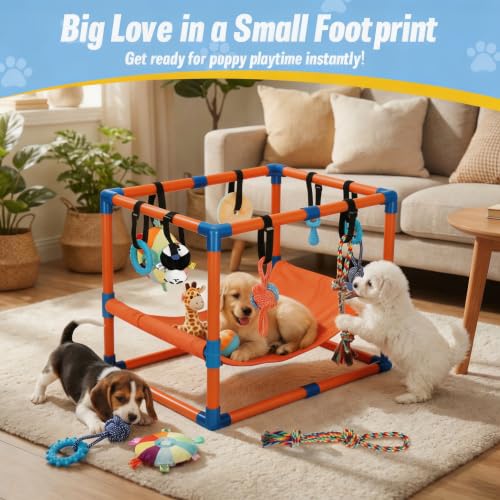 Orange Puppy Play Gym with 8 Hanging Toys - color: Orange, size: 22.28x16.65x17.71in