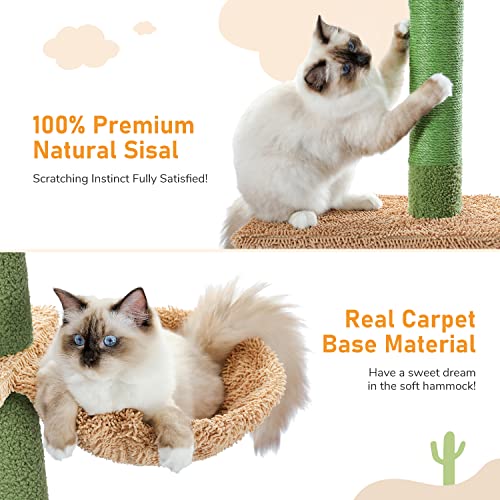PAWZ Road Cactus Floor-to-Ceiling Cat Tree 5-Tier Cat Tower with Hammock - color: Green, size: Free Stand