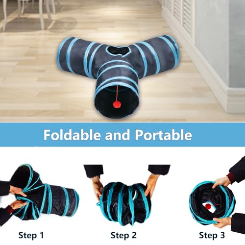Cat Tunnel Tube Toys, 3 Ways Tunnels for Indoor Cats with Play Ball - color: 3 Way Black Blue