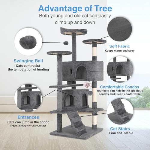 FDW | 54" Cat Tree Tower | Light Gray | Multi-Level Indoor Activity Center - color: Light Gray