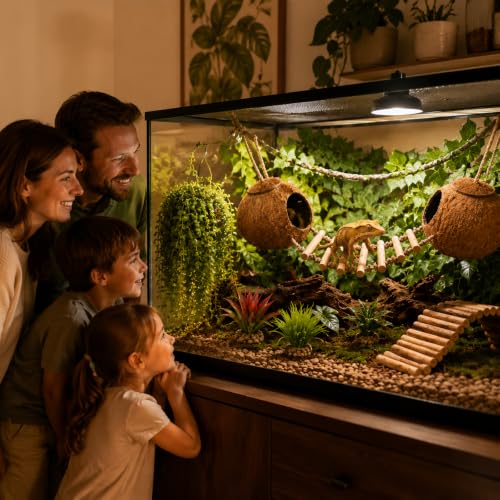 RUNANIA Crested Gecko Tank Accessories, Reptile Hanging Plants Vines with Natural Double Coconut Hideout & Climbing Ladder Decor for Hermit Crab Lizard Leopard Gecko Chameleon Snake Terrarium Decor - size: Large