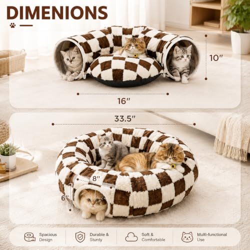 Cat Tunnel Bed with Washable Cushion for Indoor Cat, Donut Cave Tube Toys for Kitten Puppy Rabbit, Brown - color: Brown