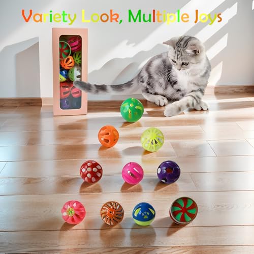 Cat Jingle Balls Toys 20Pcs 10 Styles 1.5" Plastic with Bells - Indoor Kitten Rattle Toy, Gift Box for Safe Play, Training & Interactive Fun - size: 20 Pcs 10 Styles