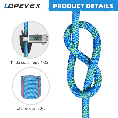 1/2 Inch Static Climbing Rope (150 Ft) - 9000lbs High Strength Arborist Bull Rope for Tree Work, Safety Rigging & Rappelling - 48 Strand Core, Blue - size: 1/2in x 150ft, style: Blue