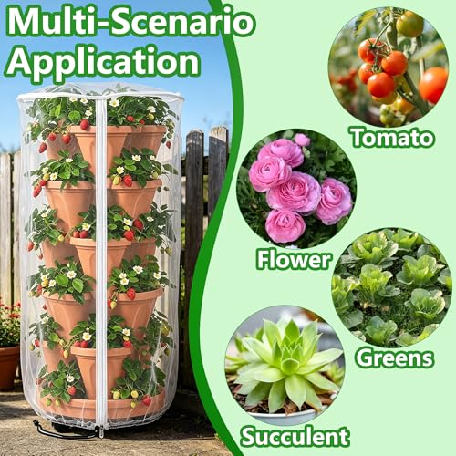 2 Pcs Vertical Plant Pot Insect Netting with Zipper, 39"x20" Stackable Planter Garden Net Cover, 3 to 5 Tier Planter Pot Insect Bird Barrier Protection Mesh for Strawberry Herb Flower Fruit Vegetable - color: 3 to 5 Tier