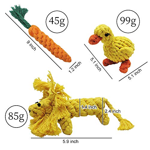 Andiker 3PCS Cotton Rope Puppy Teething & Training Durable Dog Plush Toys - Lion, Carrot & Duck Interactive Biting Rope Dog Chew Toys
