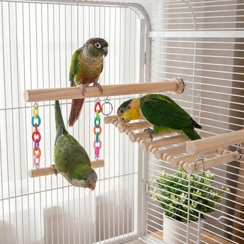 Parrot Climbing Ladders, Wooden Bird Perches Ladder with Swing Chain