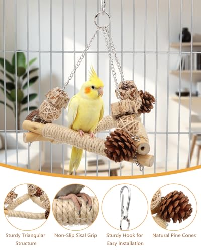 Hypeety Bird Swing for Cage Sisal-Wrapped Wooden Perch with Chew Toys