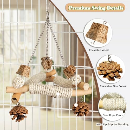 Bird Swing Perch Toy, Hanging Wooden Bird Swing with Rope Wrapped Perches, Pine Cones and Natural Chew Elements for Parakeets, Budgies, Cockatiels, Lovebirds and Small Birds