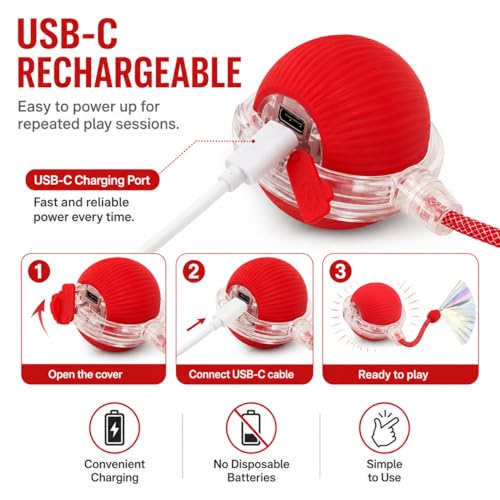 Interactive Cat Toy Ball with LED Lights, USB-C Rechargeable Automatic Cat Toy with Feather Tail, Smart Exercise Toy for Indoor Cats & Kittens, Upgraded Version - color: Red ball