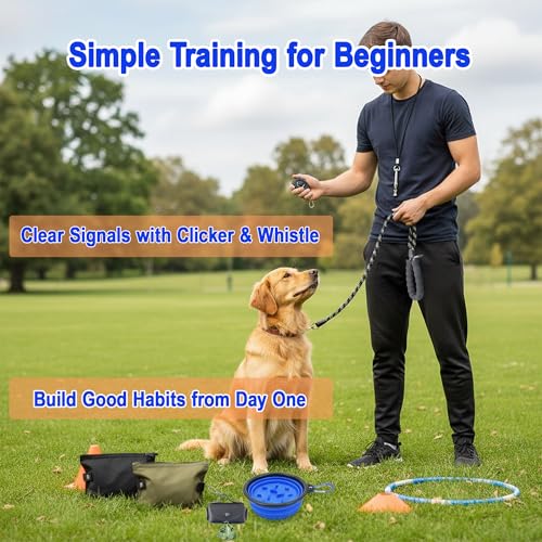Puppy Starter Kit for New Dog Owners, 5-Piece Dog Starter Set with Reflective Leash, Clicker, Whistle, Collapsible Slow Feeder Bowl and Poop Bag Holder, Essentials for Daily Walks and Training