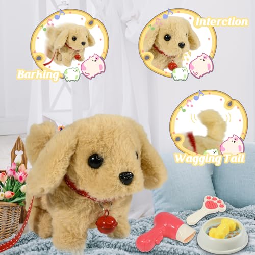 Plush Toys Walking Dog Toys that Can Walk, Bark and Wag Tail,Interactive Electronic Pet Toys Puppy with Leash,Easter Christmas Birthday Gift for Toddlers Kids - color: Golden Hair