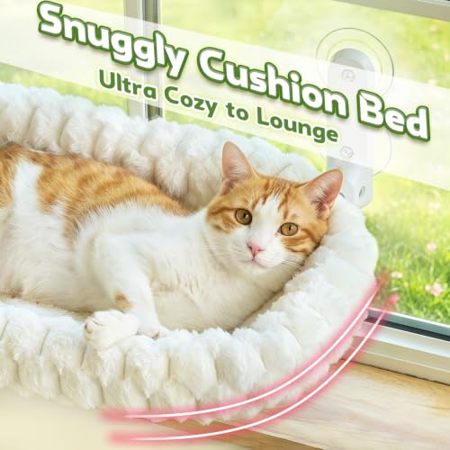 AMOSIJOY Foldable Cat Window Perch with Cloud-Soft Cushion Bed, XL White - color: White Striped Cushion Bed, size: Extra Large