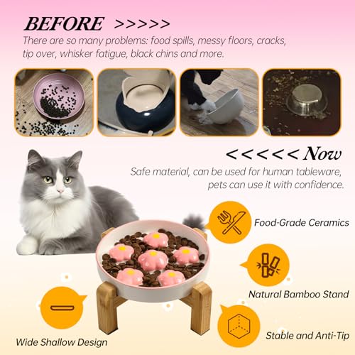 Elevated Ceramic Slow Feeder Cat Bowl with Anti-Slip Bamboo Stand - color: Pink + Stand