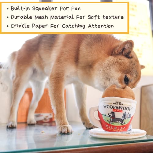 HK Milk Tea Nose-Work Squeaky Dog Toy - Durable Cute & Soft 2-in-1 Cup & Plate for Interactive Play, Big Pocket to Hide Treats for Puzzle Fun, Paper Crinkle Sound, Small Medium Large Dogs