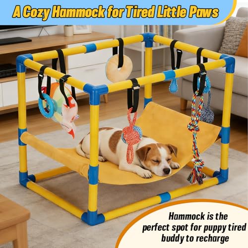 Puppy Play Gym with 8 Hanging Toys - color: Yellow, size: 22.28x16.65x17.71in