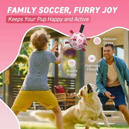 QDAN Valentines Gift Dog Toys, 8 Inch Dog Soccer Ball with Straps, Pink - color: Pink, size: Large Size 3 (8 Inch)
