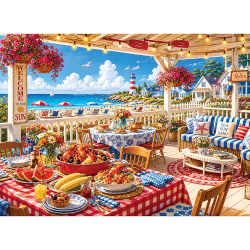 500 Piece Puzzles for Adults, Coastal Pergola Seafood Dinner Jigsaw Puzzle - color: Seaside Restaurant