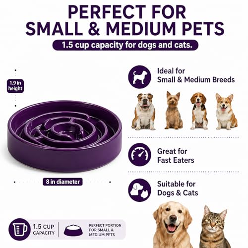 Ceramic Slow Feeder Dog Bowl,1.5 Cups Pet Slow Feeder for Small and Medium Breed,Puzzle Dog Food Dish,Anti-Gulping,Stop Bloat,Preventing Choking(Purple) - color: Purple