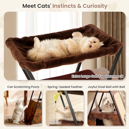 71" Modern Wood Cat Tree for Large Cats - Heavy Duty Tall Cat Tower for Indoor Cats, Multi-Level Cat Furniture with Spacious Condo, Large Perch, Scratching Posts & Hammock (Brown) - color: brown