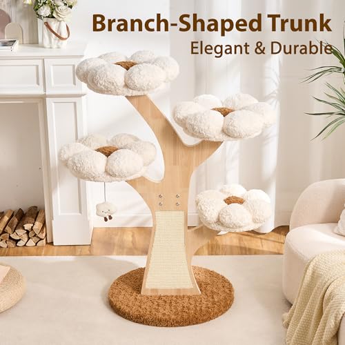 Aesthetic Flower Cat Tree Tower with Scratching Post for Indoor Cats, 48" Modern Cat Tree with Wood Sculpted Branch, Flower Cat Beds, Scratching Board & Interactive Squeaky Toy, Creamy White - color: 48"-Creamy White