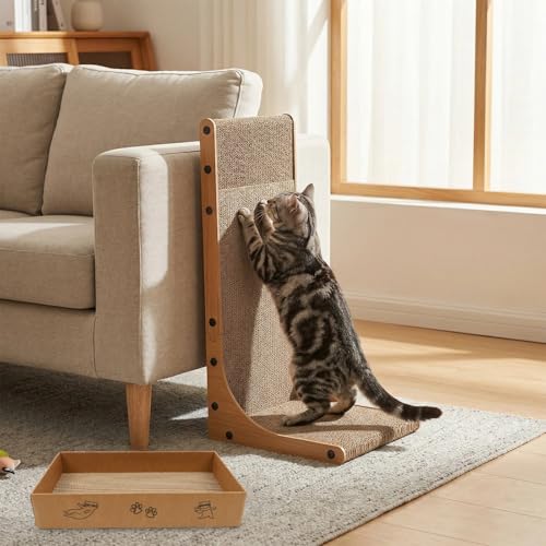 Goosheep 22in L-Shaped Cat Scratcher 2-in1 Scratching Board for Indoor Cats Protecting Furniture Cardboard Box Scratch Pad, Scratching Posts with Feathered Toy - color: 1pk 22in L-Shape Cat Scratcher with Box