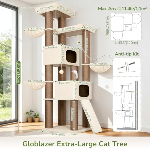 Globlazer 84" Multi-Level Large Cat Tree Tower with Extra Thick Full Sisal Scratching Posts, 2 Cat Condos, 3 Hanging Baskets, 2 Extra Large Platforms & Cat Scratching Ramp,S84, Beige - color: Beige, size: 84 Inch