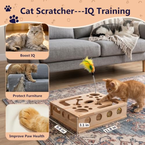 Wooden Cat Scratch Puzzle Enrichment Box,Interactive Cat Slow Feeder Maze Puzzle Toy,Durable Mental Stimulation Enrichment Toy.Relieve Boredom & Reduce Destructive Behaviors - style: Regular 9.8×11.8 IN
