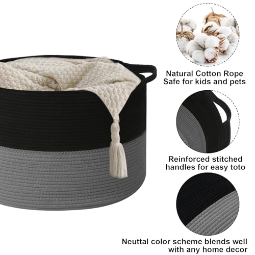 115L Large Blanket Basket,Woven Rope Laundry Basket-Black&Dark Grey - color: Black&Dark Grey, size: 23.6"L x 23.6"W x 15.7"H(115L)