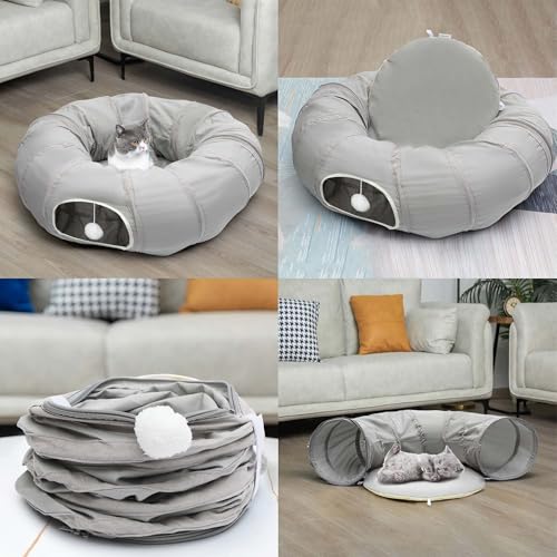 AUOON Cat Tunnel with Bed for Kitten Puppy Rabbit Ferret, Light Grey - color: Light Grey