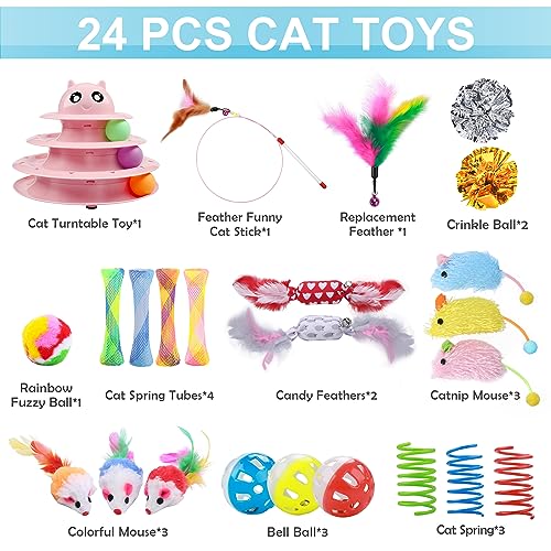UPSKY 24 PCS Cat Toys Set with Teaser, Mice, Spring, and Various Ball Toys - color: D-Pink