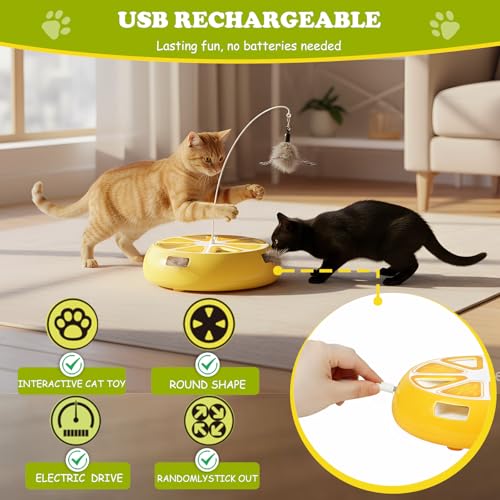 Puffluv Interactive Cat Toy,2 in 1Fruite Shape Toys with Electric Moving Concealed and Hanging Feathers Pop and Play Hide Seek, Hunting,Tpye-C Rechargeable-Yellow Lemon - color: Lemon Yellow