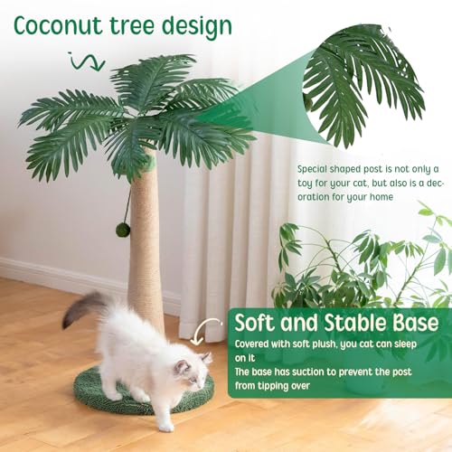 43 Inches Tall Cat Scratching Post for Large Cat, Coconut Tree Shaped Sisal Scratcher for Indoor Cat with 3 Pompoms